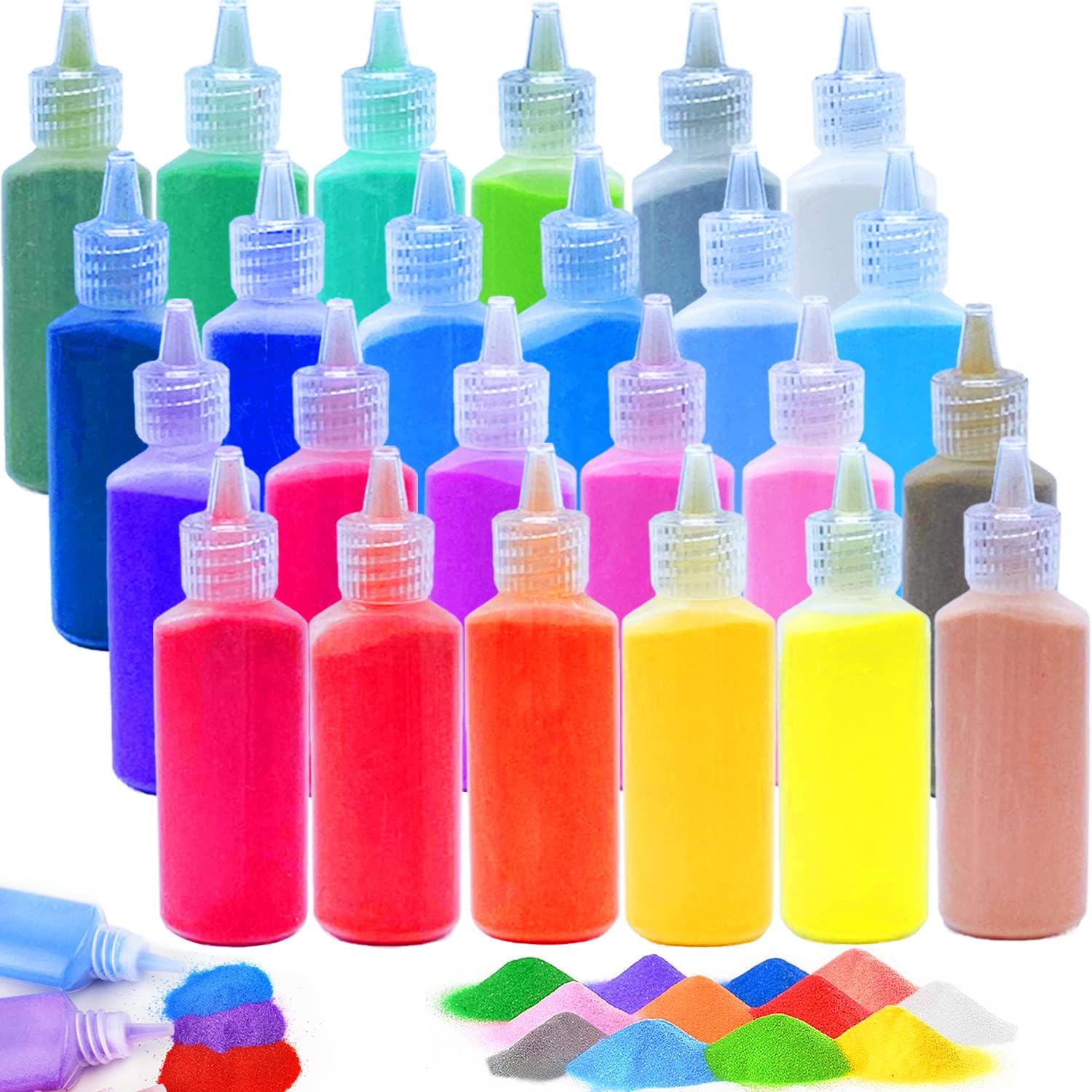 Guuozzli 24 Piece Colored Art Sand Kit front view showing twenty four vibrant squeeze bottles for kids DIY crafts.