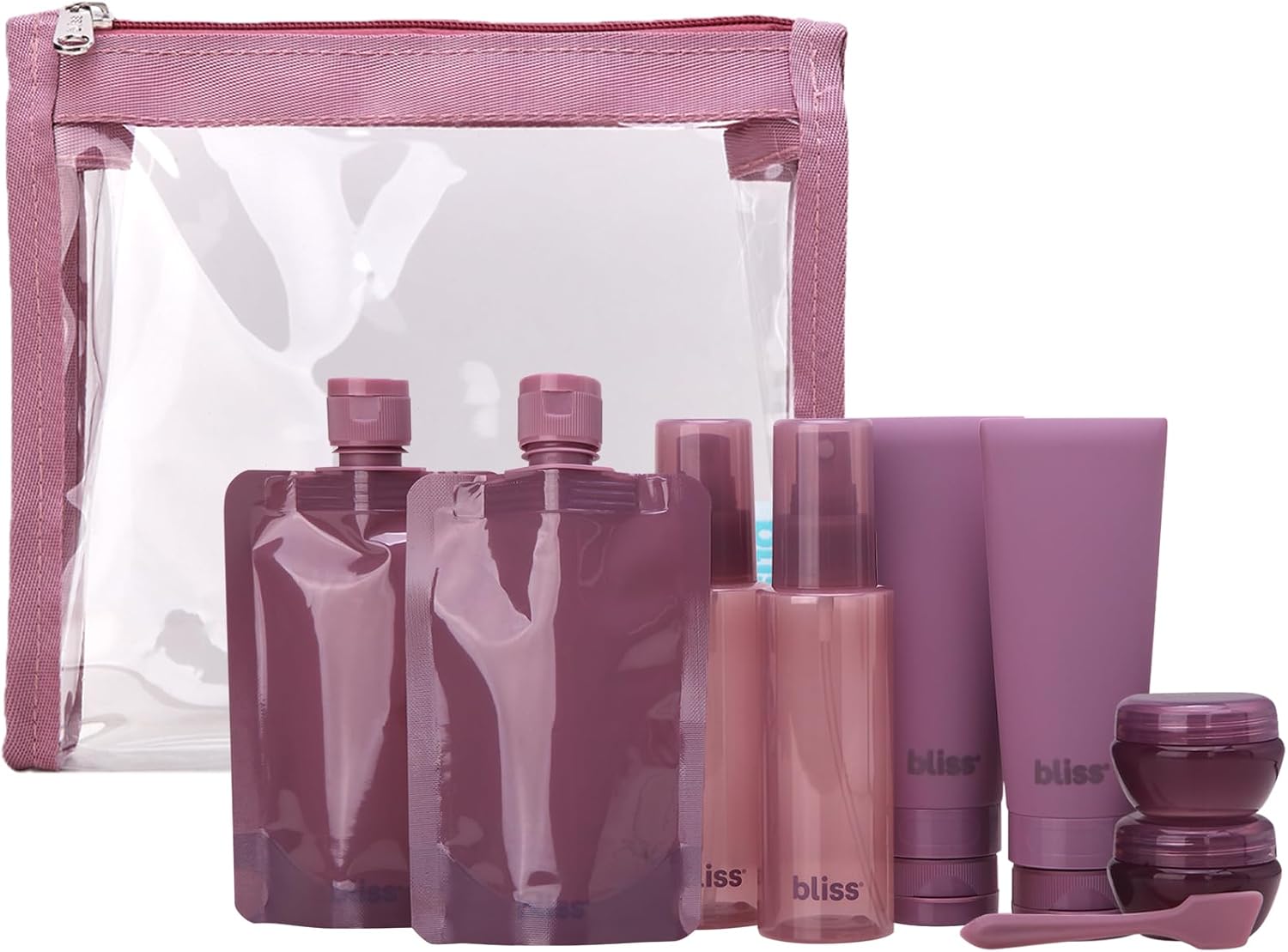 Bliss Travel Bottles Set front view of mauve ten piece container kit with transparent pouch.