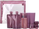 Bliss Travel Bottles Set front view of mauve ten piece container kit with transparent pouch.