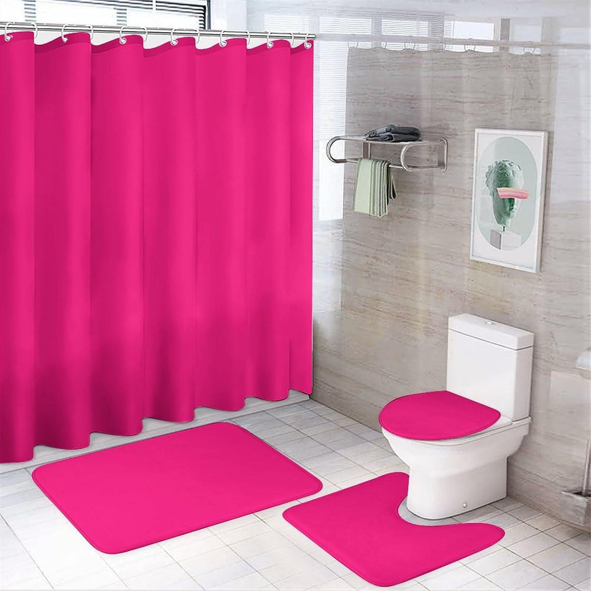 Curdesi hot pink and white geometric shower curtain set front view in modern bathroom