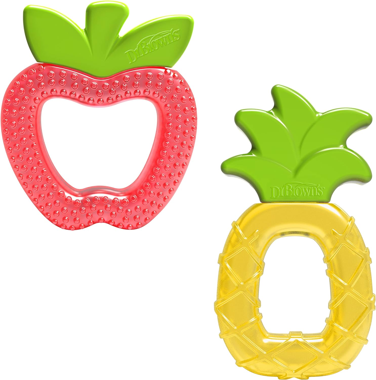 Dr. Brown's AquaCool Water-Filled Teether front view showing red apple and yellow pineapple shapes.