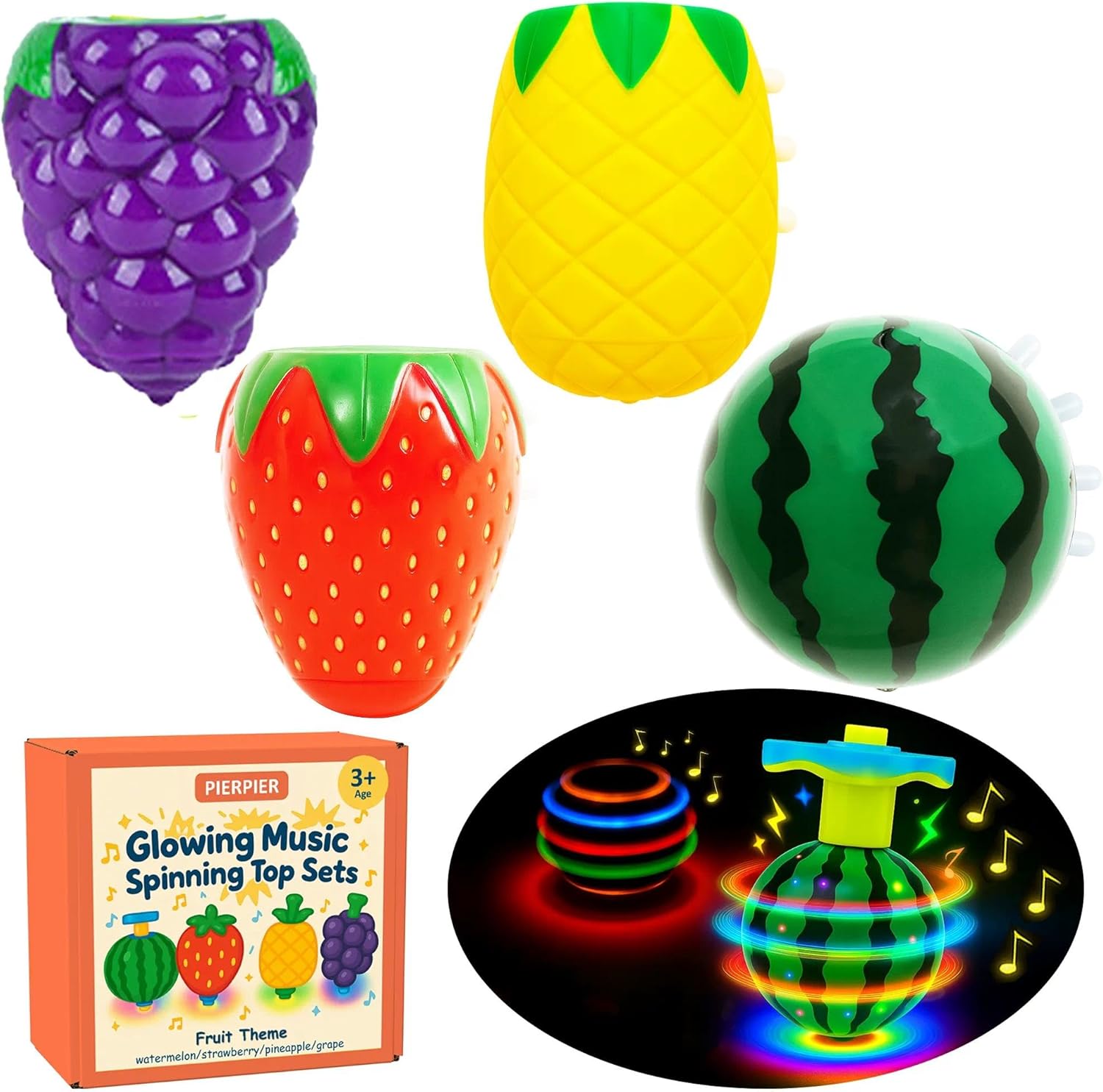 Pierpier fruit spinning tops 4 pack front view