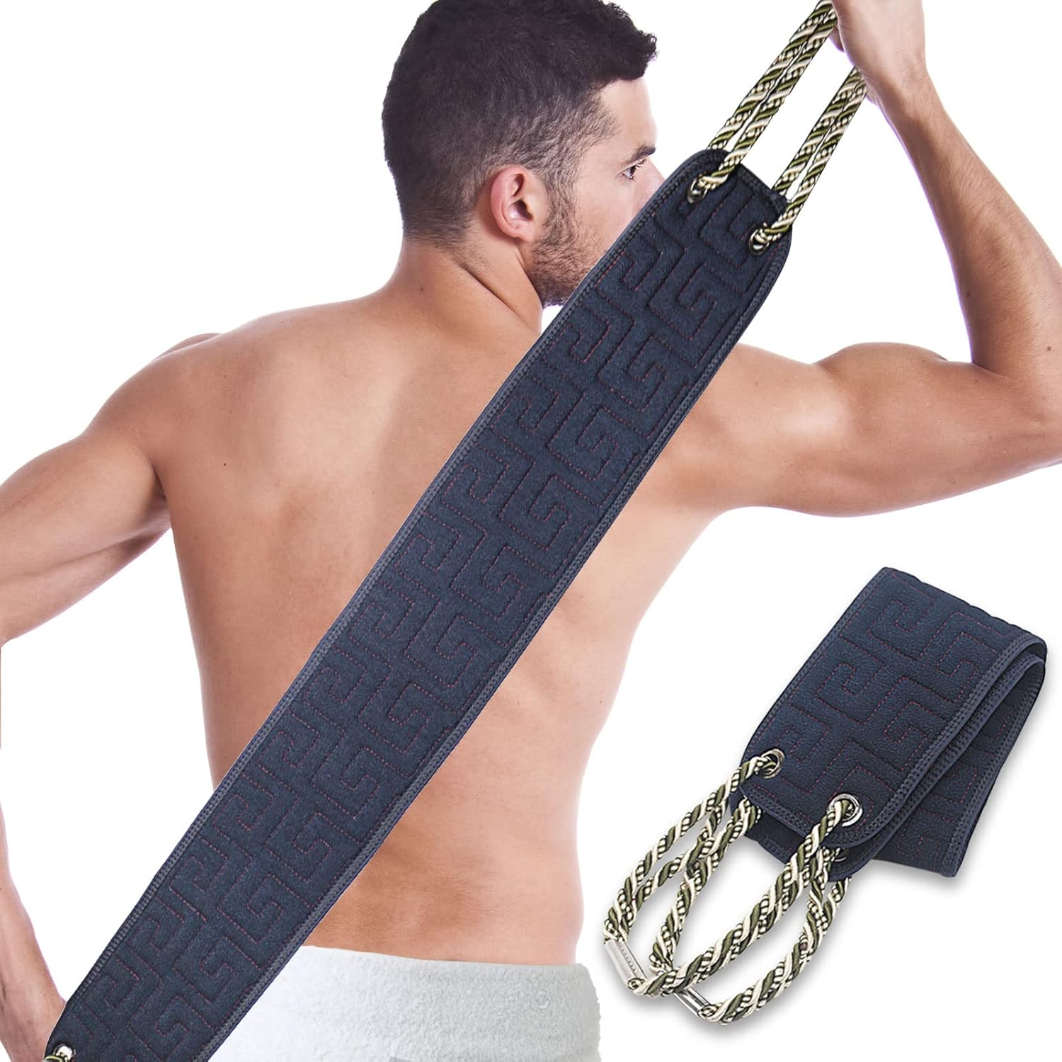 Dodiff exfoliating back scrubber front view showing the full 38-inch length and handles