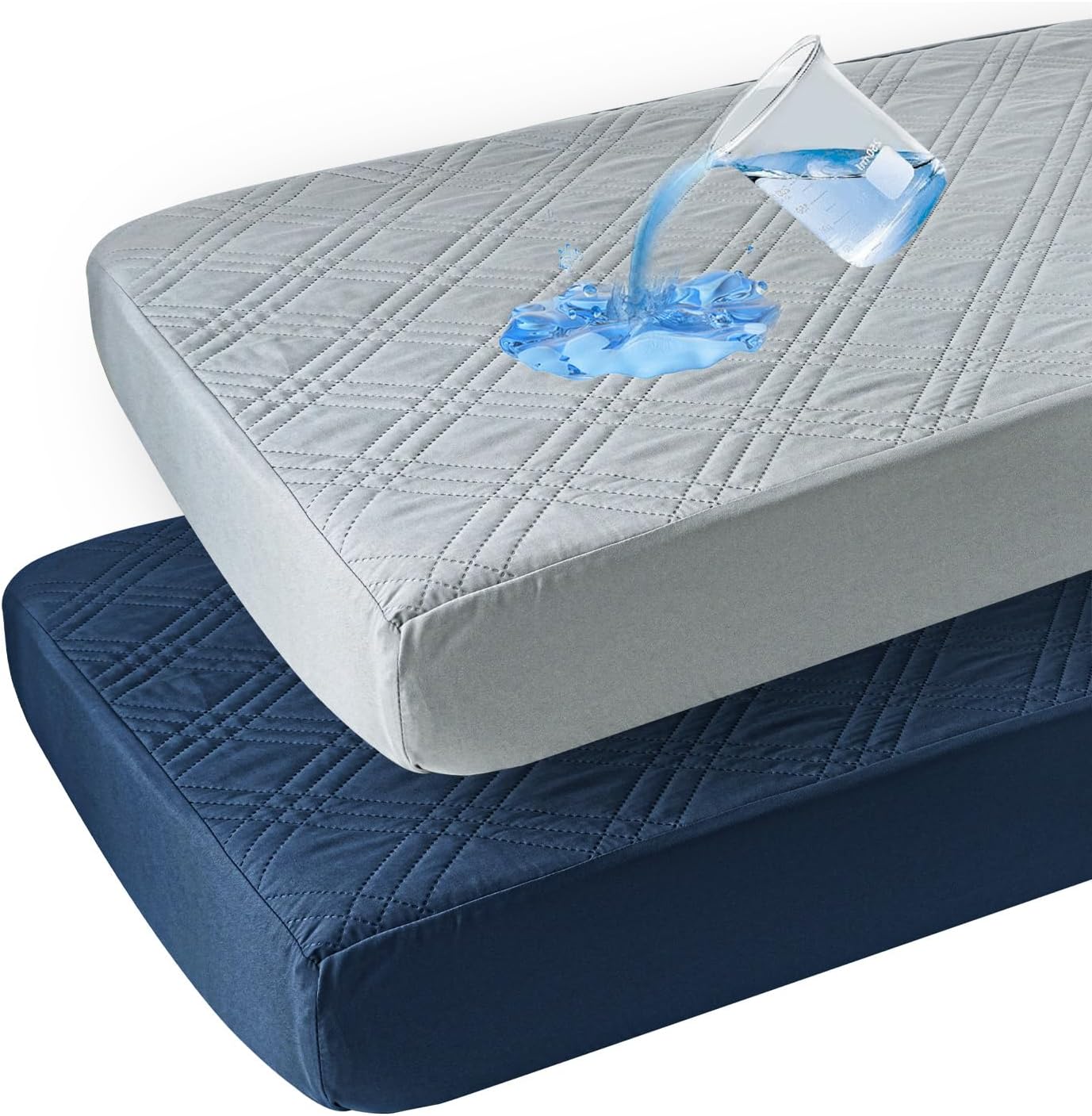 David's Kids waterproof crib mattress protector front view showcasing grey and navy blue checker patterns.
