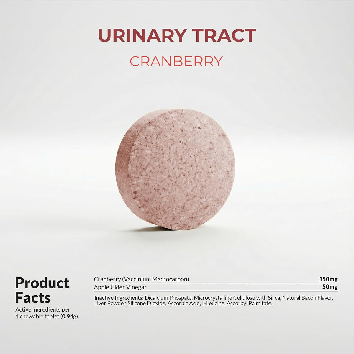 Dog urinary tract infection supplement bottle with 120 chewable liver and bacon flavored tablets.