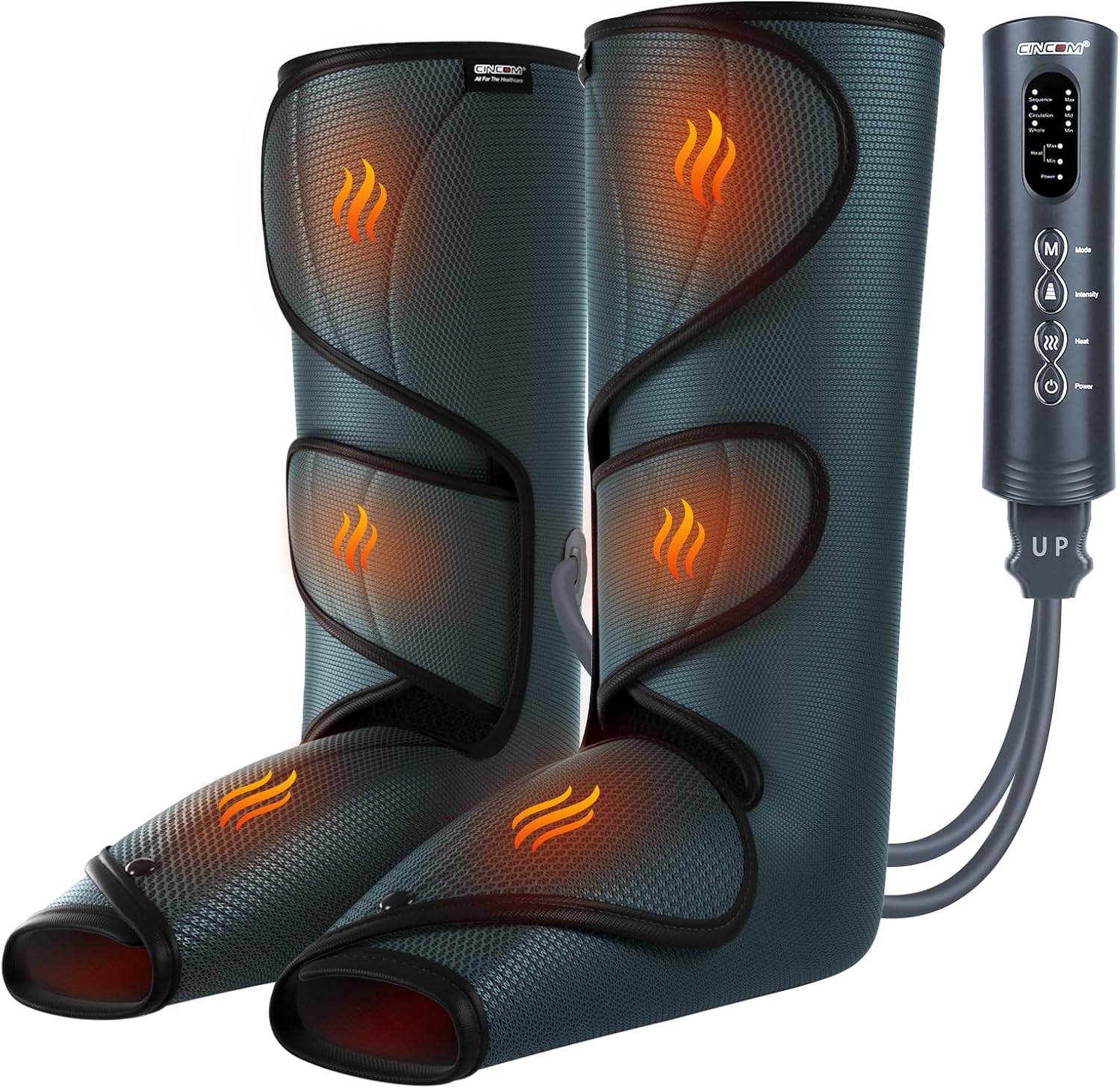 CINCOM Heated Leg Massager front view showcasing the grey air compression wraps and handheld controller.