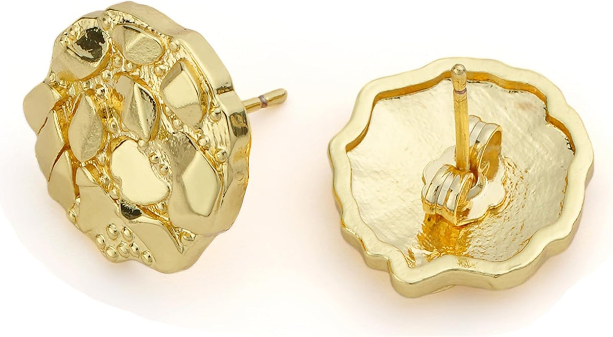 Unisex gold nugget stud earrings displayed on a neutral background