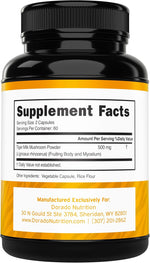 Label details showing 500 milligrams dosage of Tiger Milk Mushroom capsules