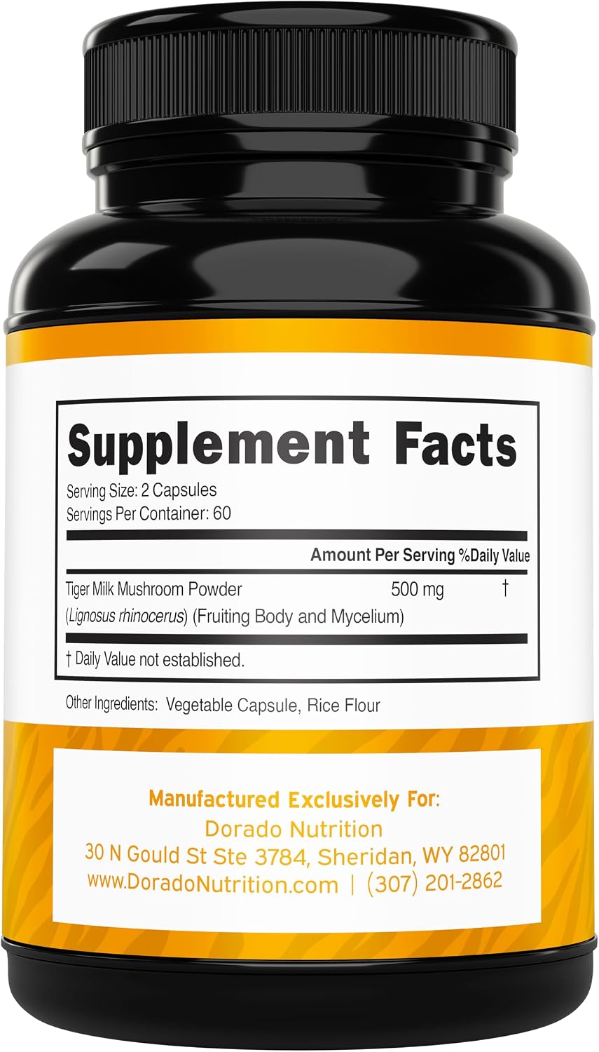 Label details showing 500 milligrams dosage of Tiger Milk Mushroom capsules