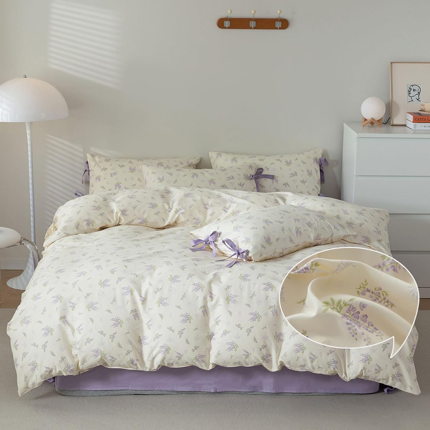 VM VOUGEMARKET Purple Flower Duvet Cover Set front view spread on a full size bed in a bright bedroom.