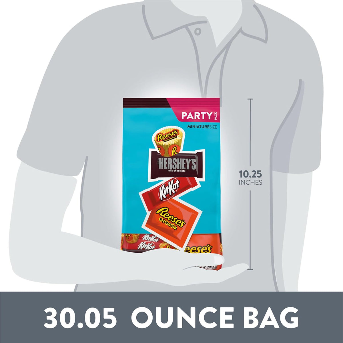 Bulk packaging view of the Hershey's chocolate party pack highlighting the nutritional facts and ingredients list.
