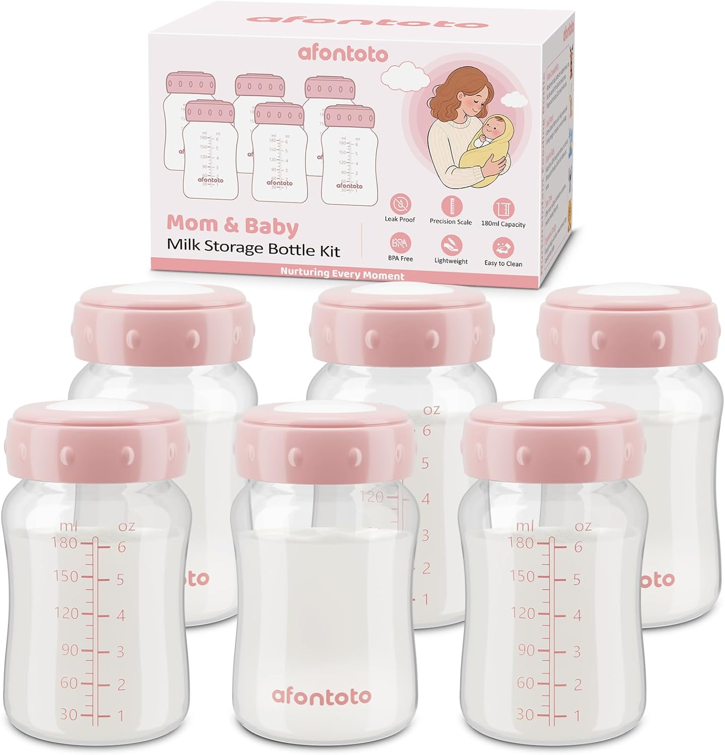 Afontoto 6 Pieces Breastmilk Storage Bottle set front view