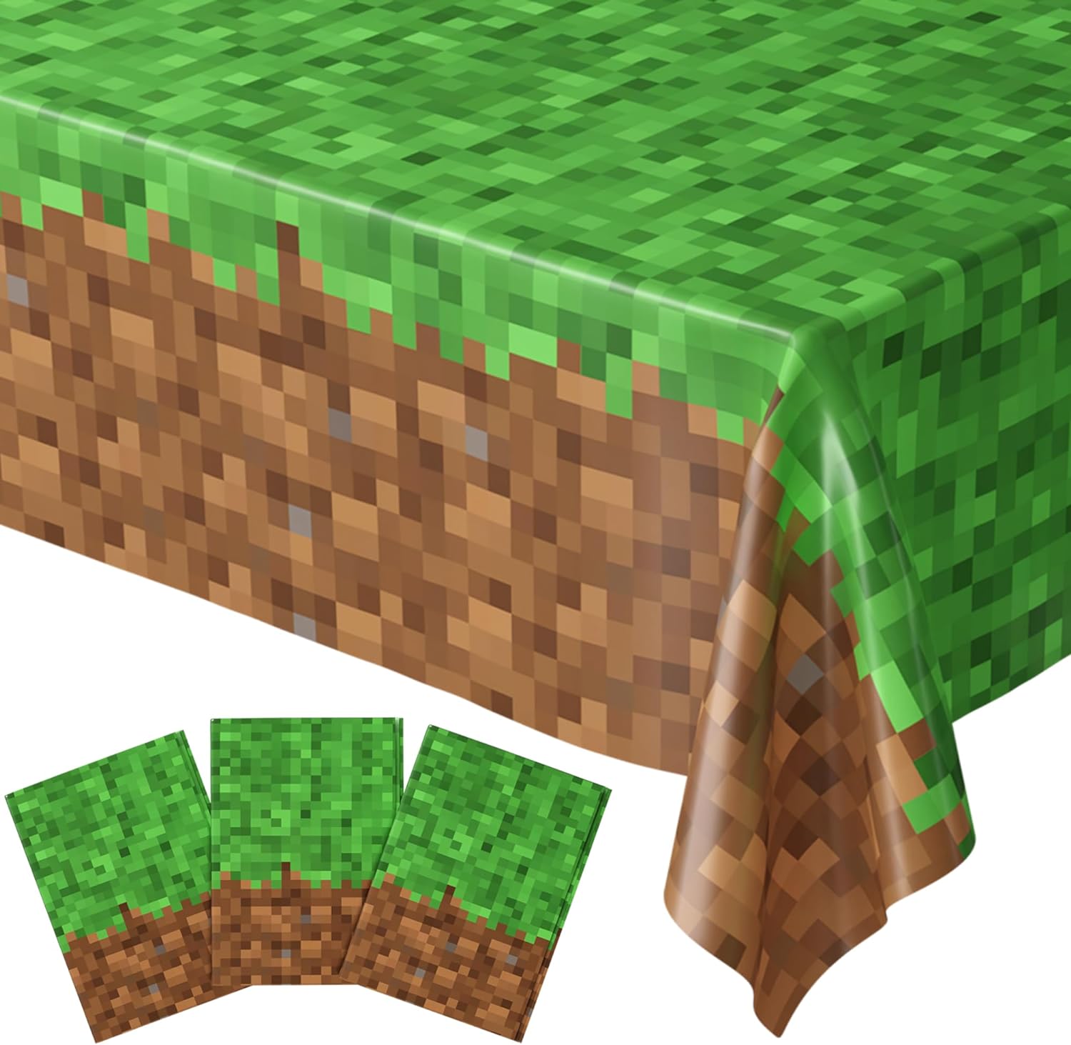 Blue Orchards Pixel Miner Table Cover pack of three showing the green and brown block pattern from a front angle.