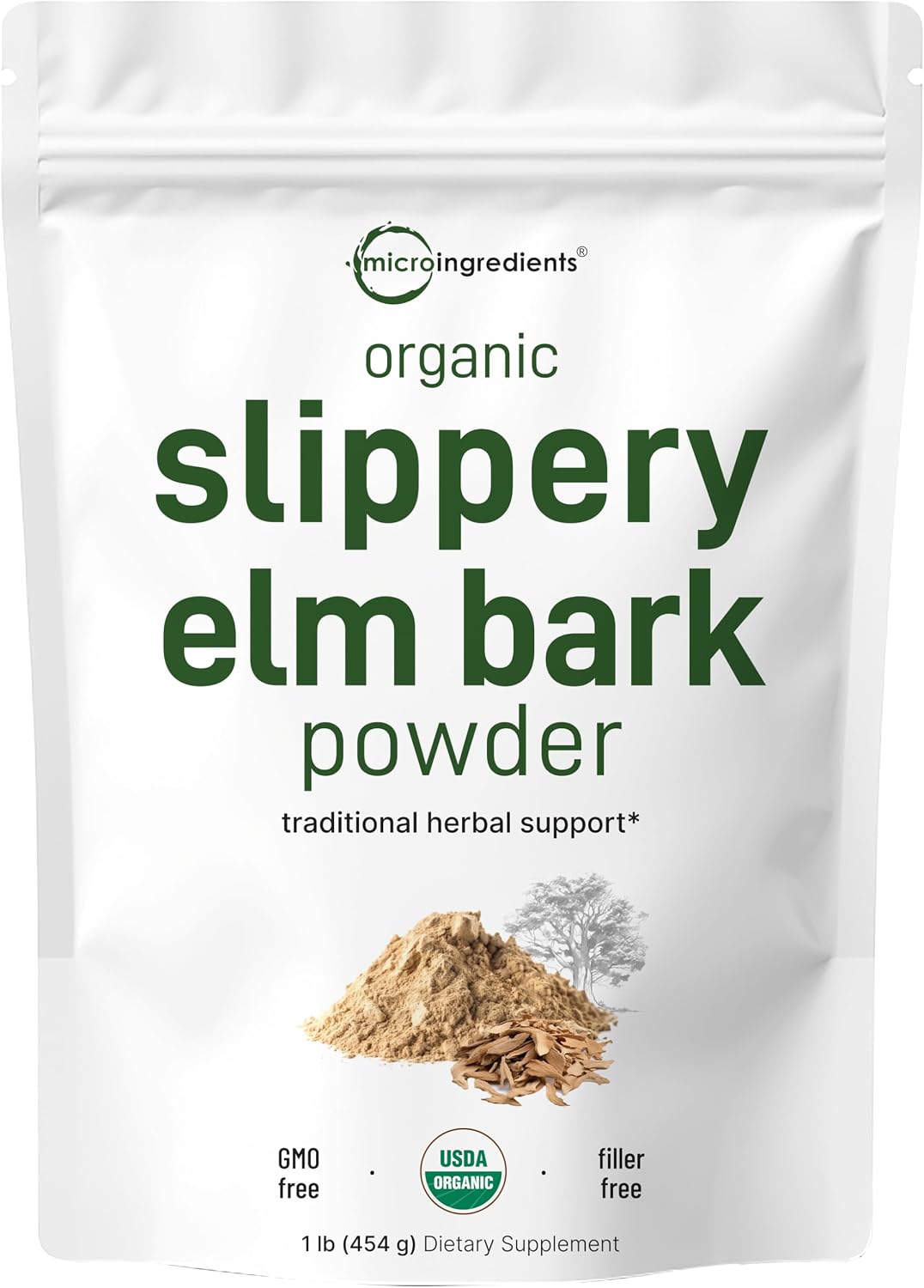 Micro Ingredients Organic Slippery Elm Bark Powder front view pouch packaging