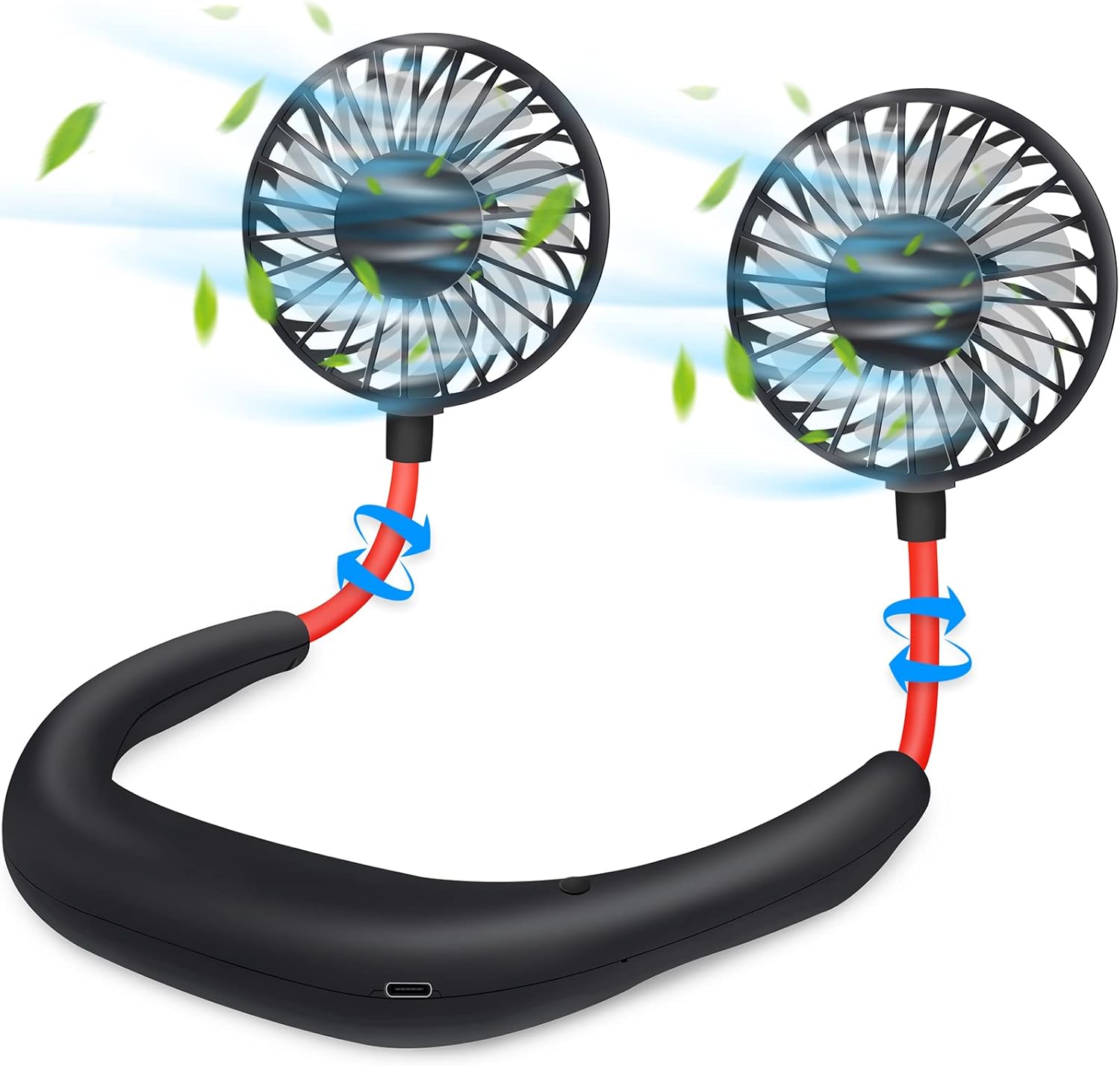 Haomaomao portable neck fan front view showing black headphone style design with dual rotating heads.