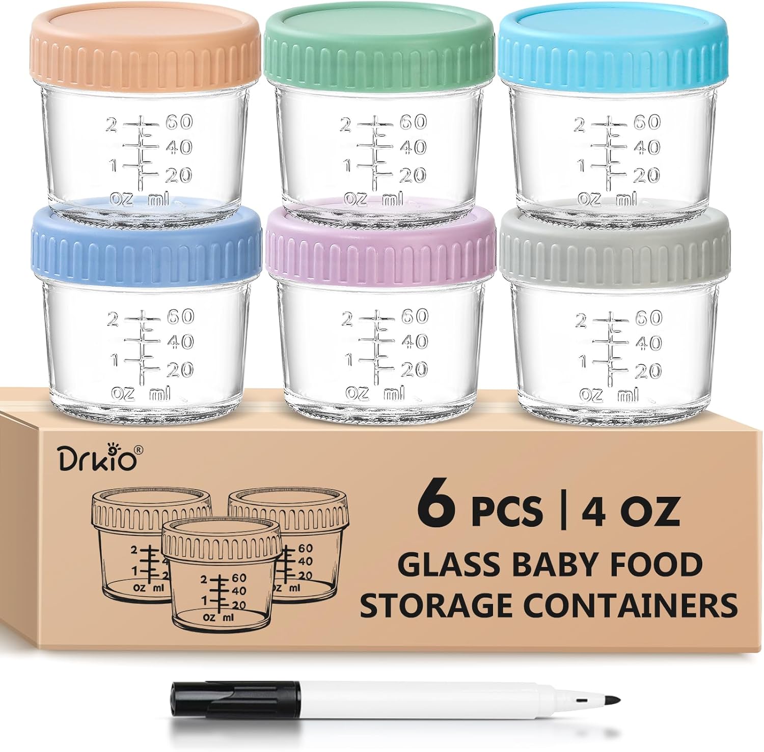 Drkio 6 pack glass baby food storage containers front view