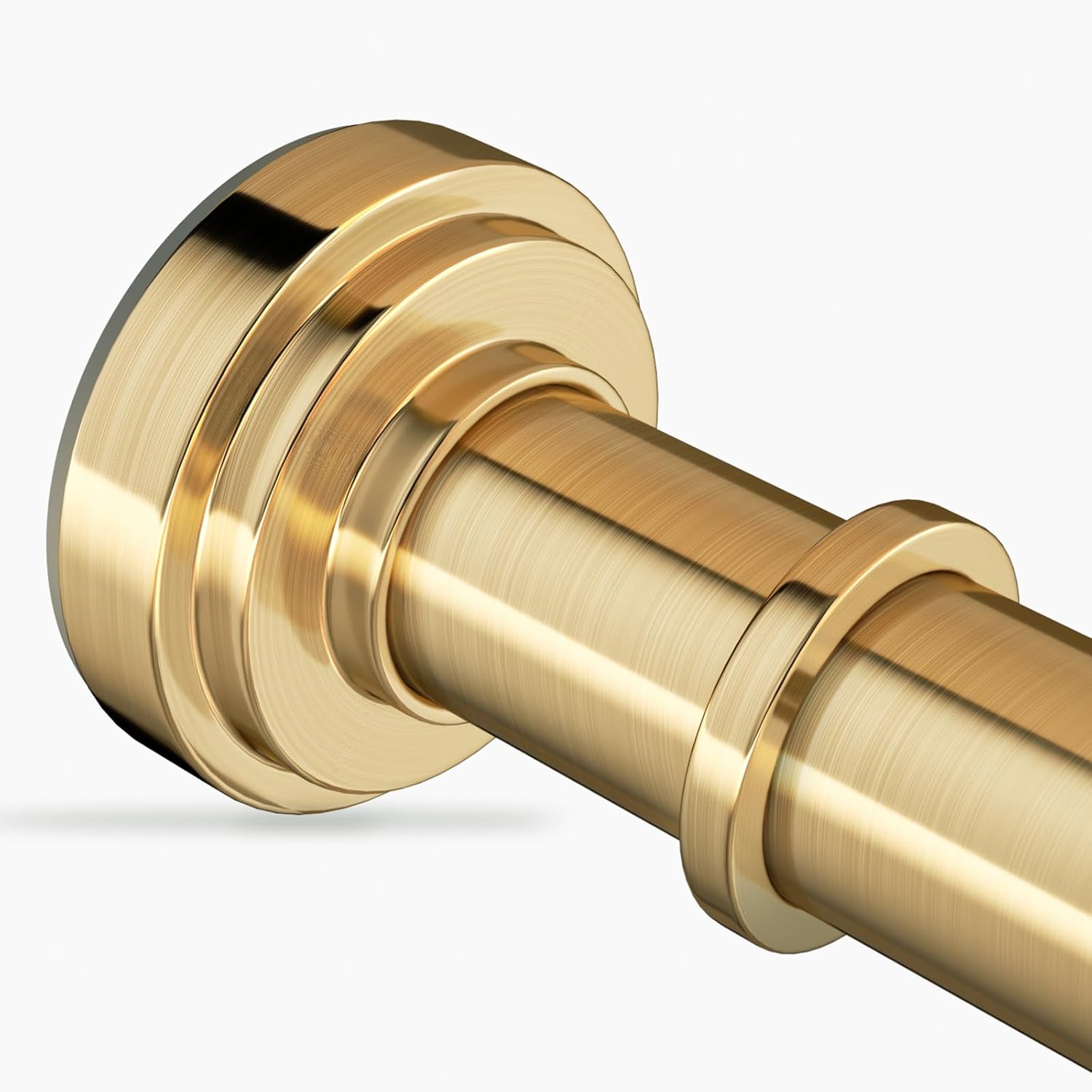 Zyrw gold tension shower curtain rod front view in a modern bathroom