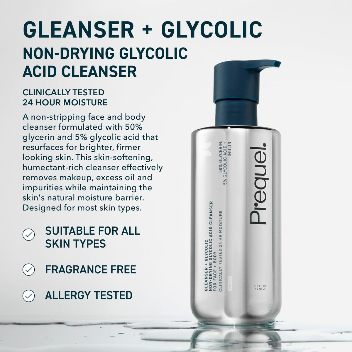 Close up of the Prequel non drying glycerin and glycolic acid wash label detailing active ingredients
