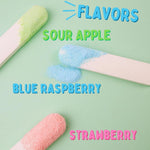 Close-up of the USA imported Bluey dipping sticks and sour apple candy powder contents.