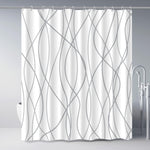 Punkray grey and white striped polyester shower curtain front view hanging in modern bathroom.