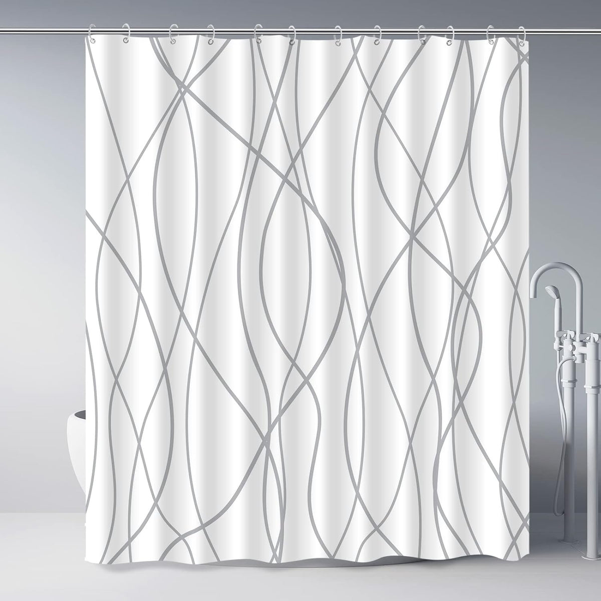 Punkray grey and white striped polyester shower curtain front view hanging in modern bathroom.