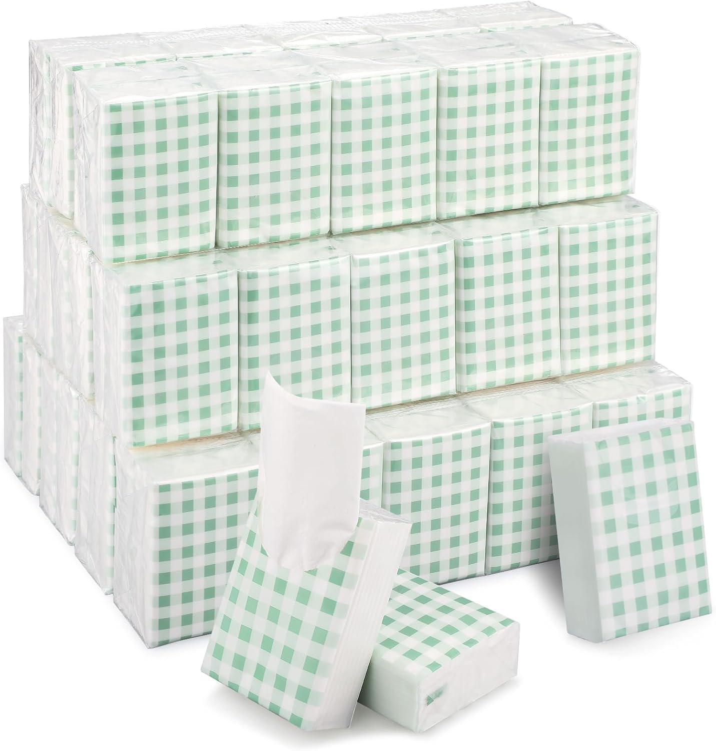 NatNarr 100 Pack Pocket Tissues front view showing the stylish sage green gingham checkered packaging.