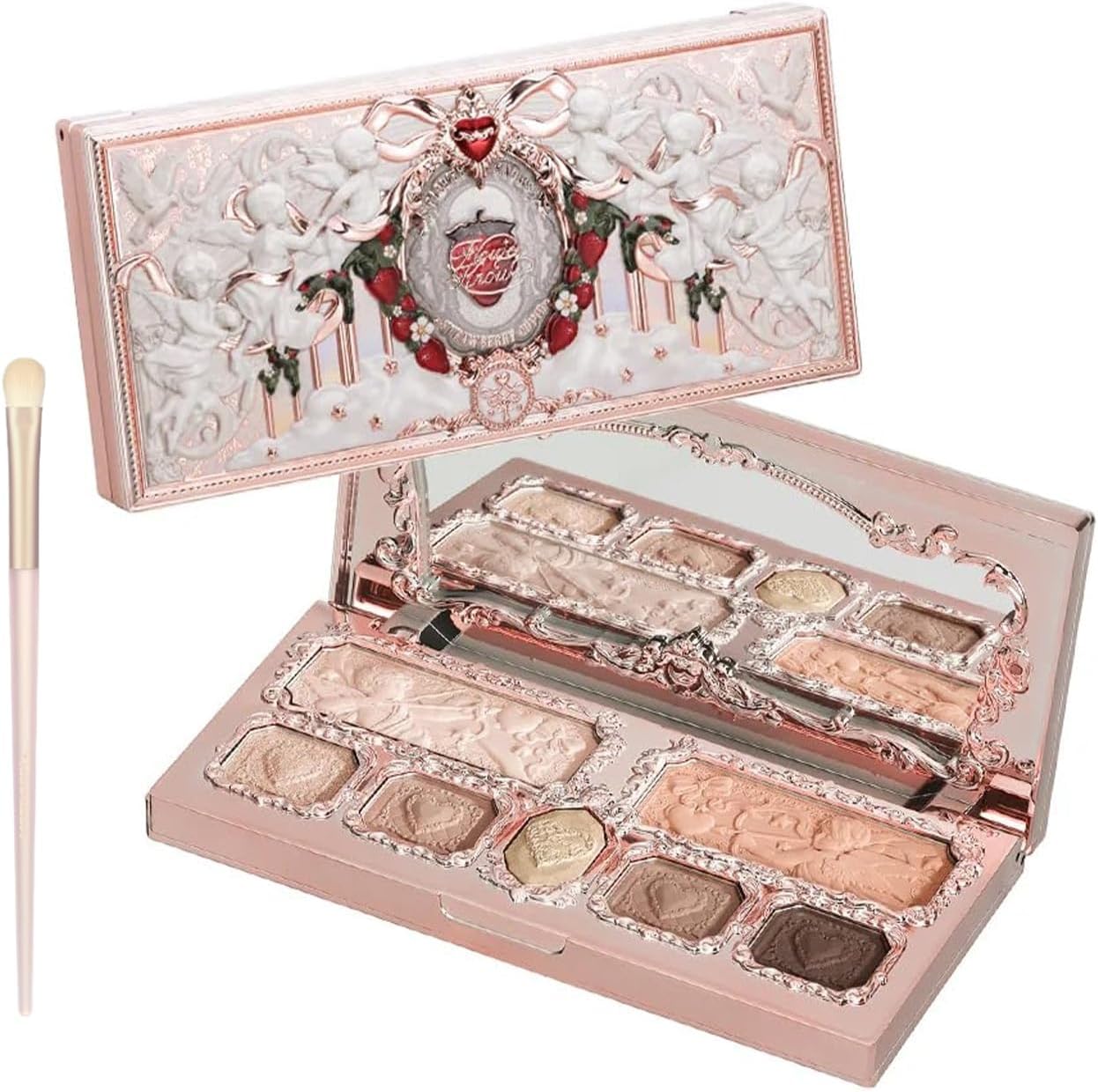 Flower Knows Strawberry Cupid Makeup Palette front view of ornate gold cherub embossed packaging