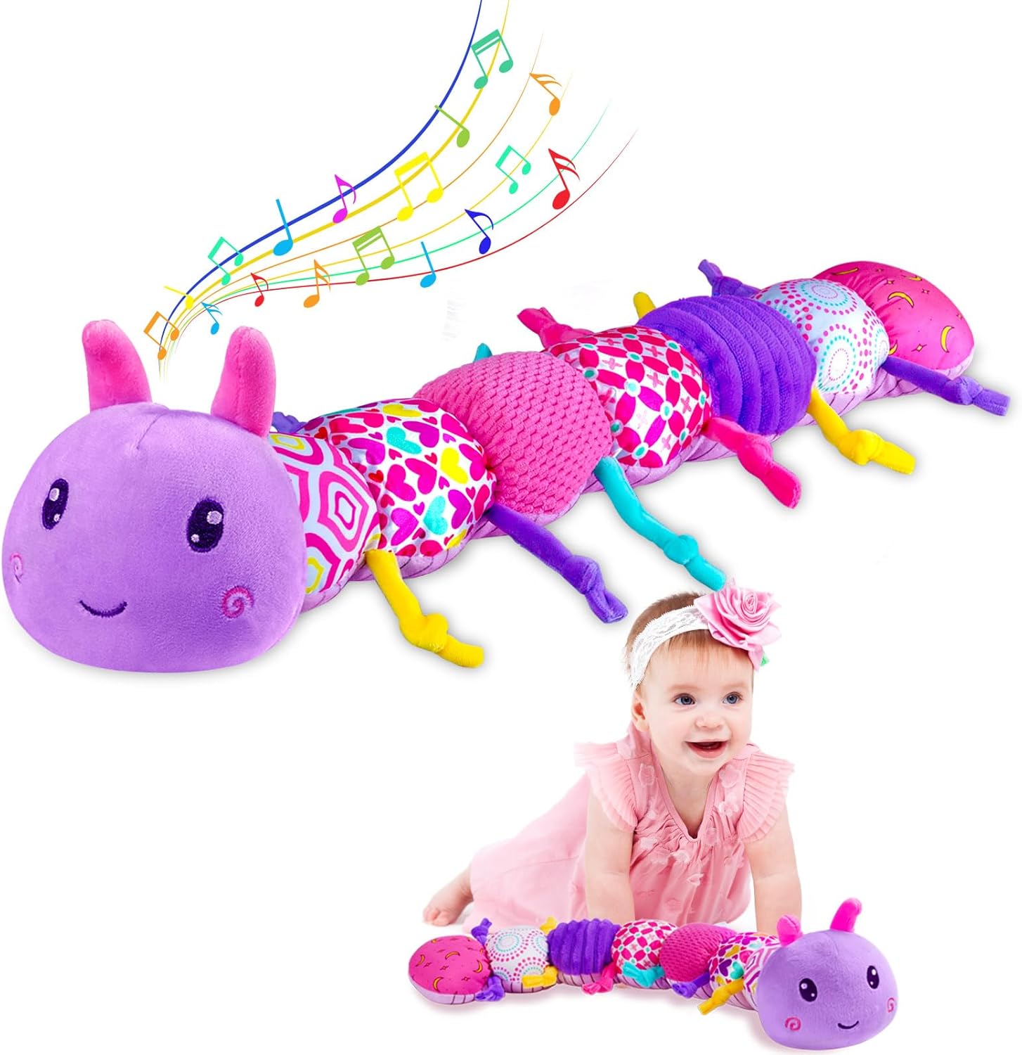 Ussybaby caterpillar sensory plush toy front view showing purple head and multi-colored patterned body sections.