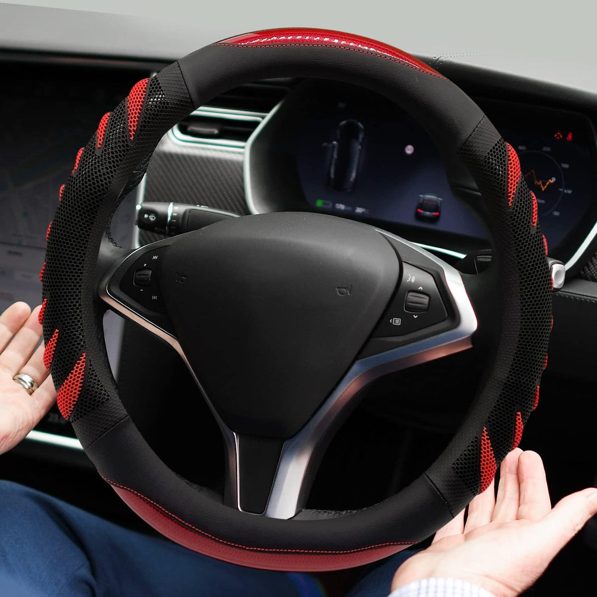 NICEASY red leather steering wheel cover anti slip backing