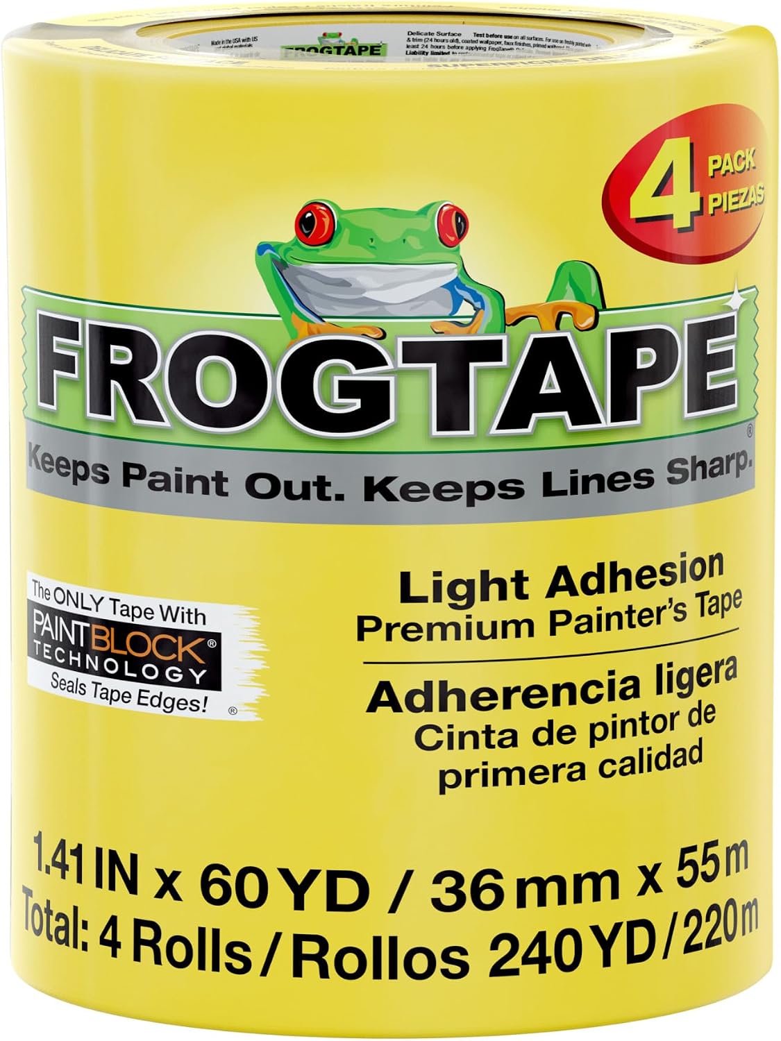 FrogTape Delicate Surface Painters Tape with PAINTBLOCK, 2 in Wide (1.88 in x 60 yd), Low Adhesion, Painting Tape Ideal for Freshly Painted Walls, Trim & Surfaces, Yellow, 1 Roll (280222) - Image 14