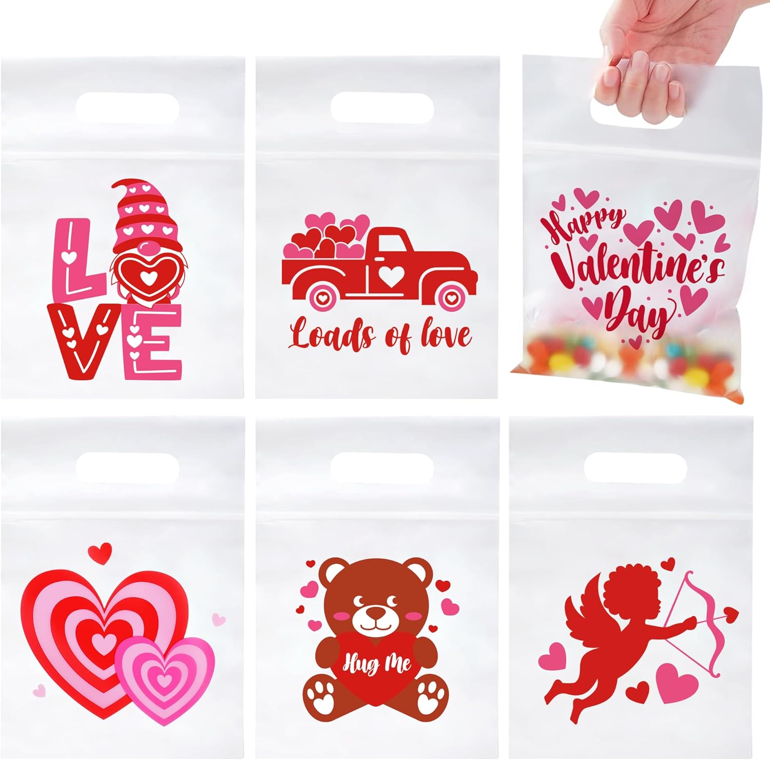 Mosoan Valentines Day gift bags sixty pieces front view showcasing festive heart print patterns for school classroom exchanges
