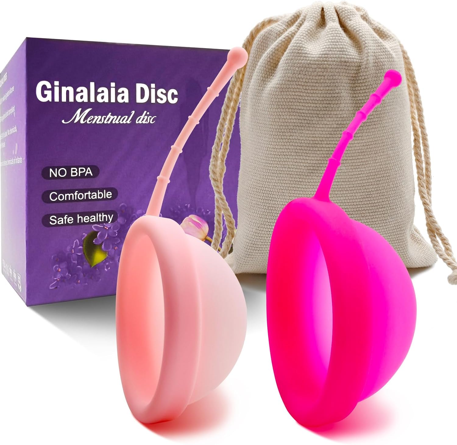 Ginalaia Reusable Menstrual Disc, Ultra-Soft Medical-Grade Silicone Period Disc for Women Wear 12 Hours 2 Size for Light & Heavy Flow Removal String (Red+Pink, L+S) - Image 1