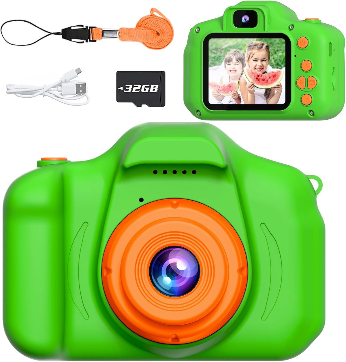 SplashNSpray Kids Digital Selfie Camera front view showing the green body and orange lens ring.