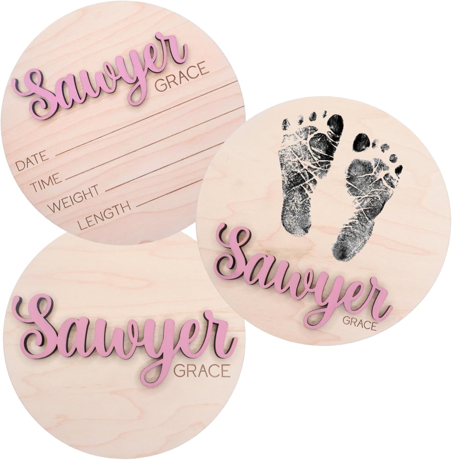 Handmade personalized 3d birth announcement sign front view showcasing raised baby name text