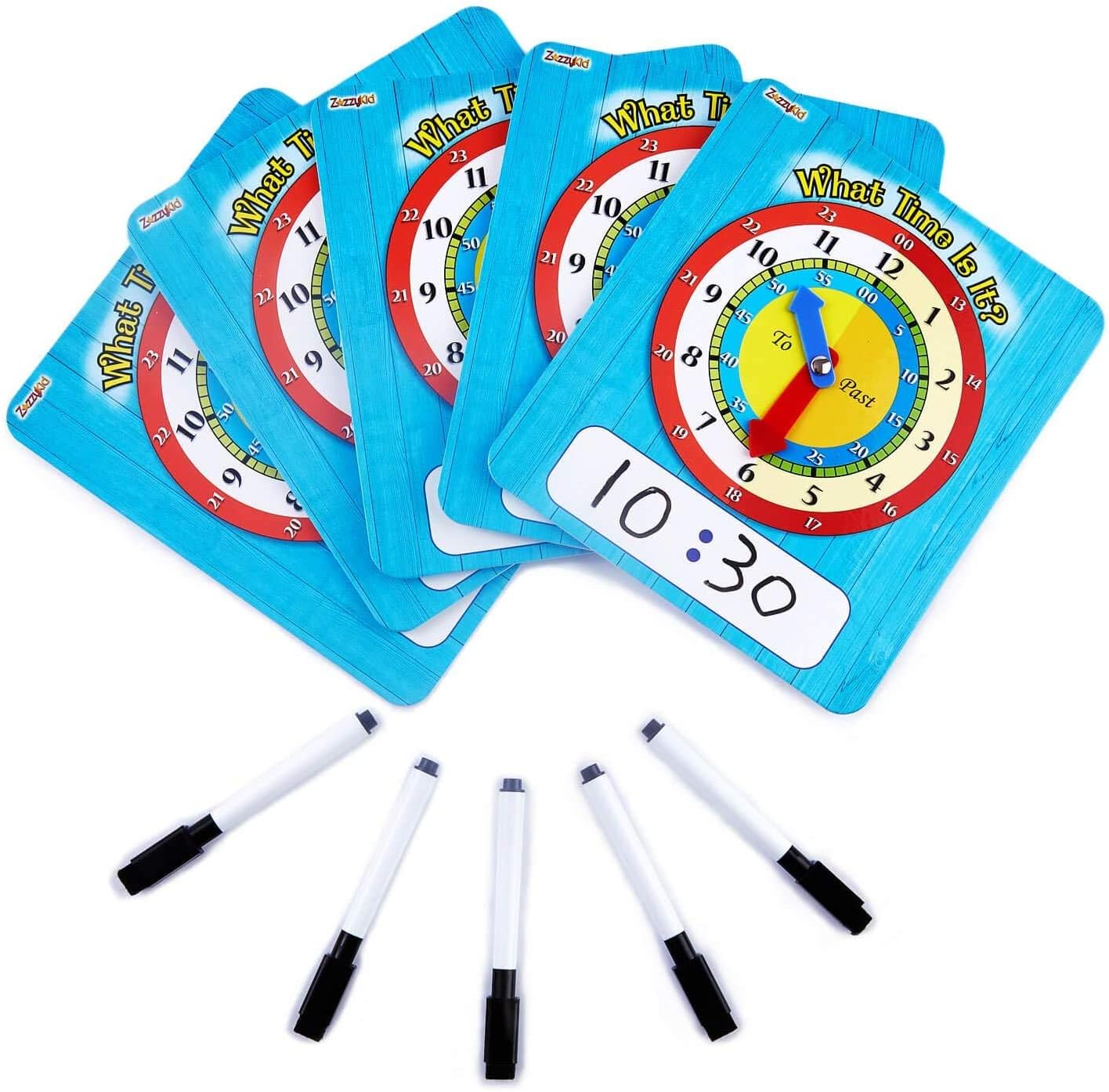 ZazzyKid time learning analog clock front view showing movable blue and red hands with digital practice box