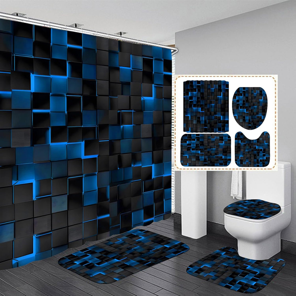 LQCOOL 4Pcs Blue Shower Curtain Set front view showing 3D cubes design on fabric.