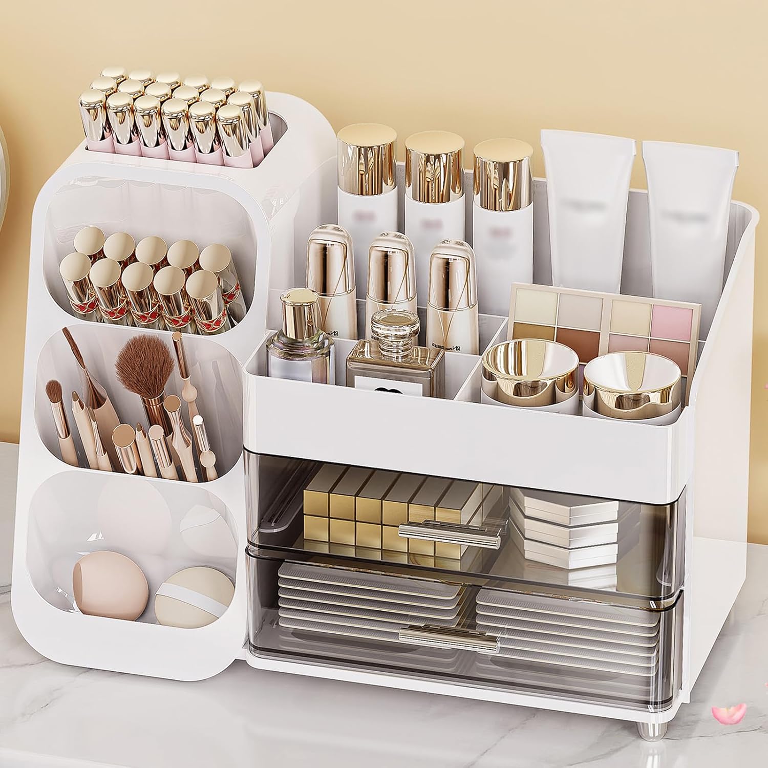 Anylady makeup organizer white front view showing compartments and drawers on vanity countertop