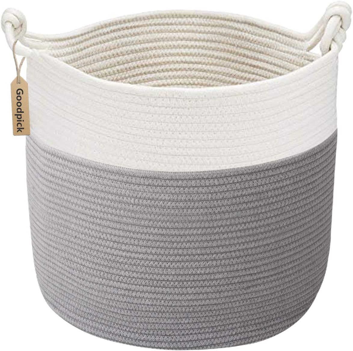 Goodpick Cotton Rope Storage Basket, 15 x 14.2 Inches Baby Laundry Baskets for Clothes, Toy Storage Blanket Basket With Handles for Living Room, Small Woven Baskets for Organizing Home Décor, Grey - Image 1
