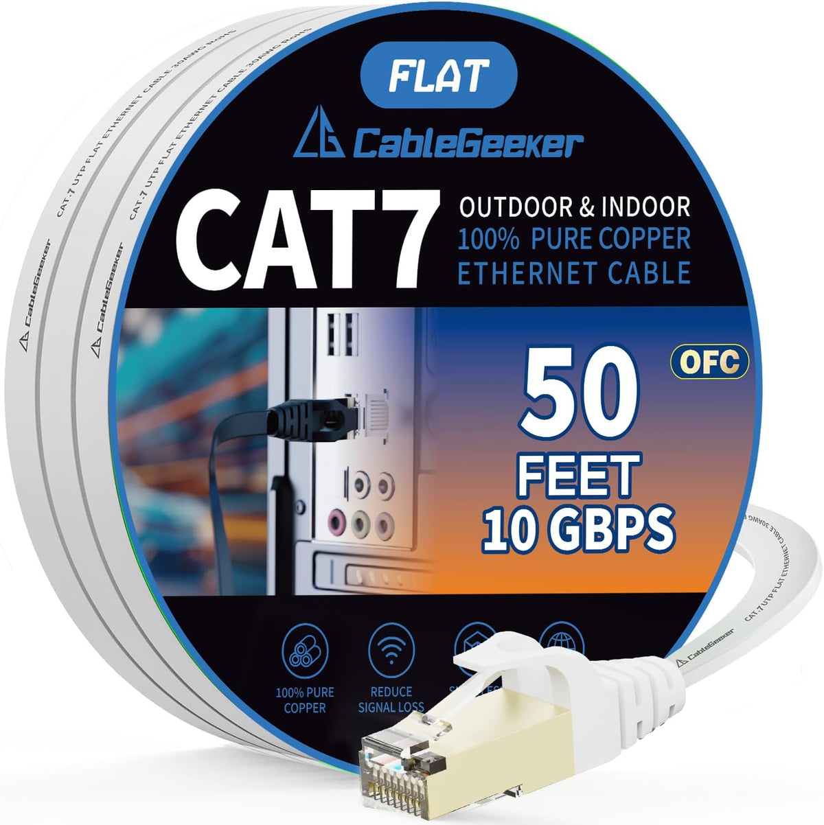 CableGeeker Cat7 50ft flat white Ethernet cable front view showing connectors