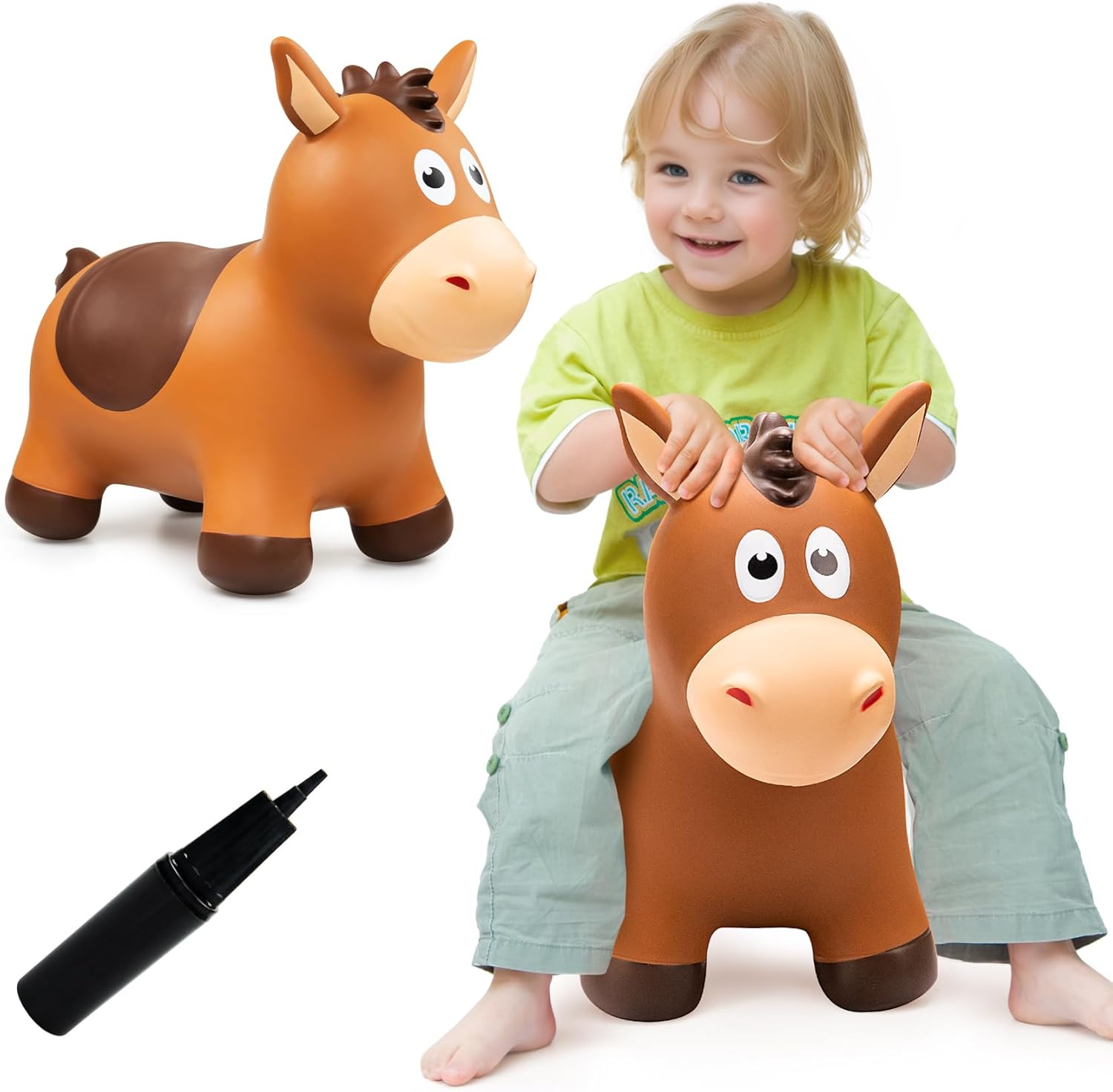 VangeBow inflatable bouncy horse for toddlers front view in brown color with hand pump