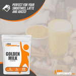 BulkSupplements 1kg golden milk powder showing serving size directions and clean ingredients list