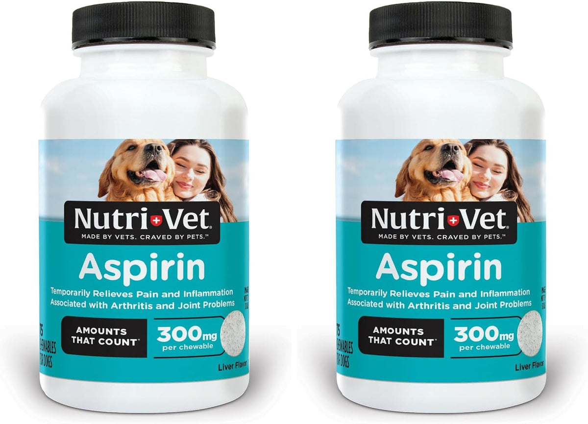 Close up view of the safety warnings and veterinarian guidelines on the Nutri-Vet dog aspirin bottle.