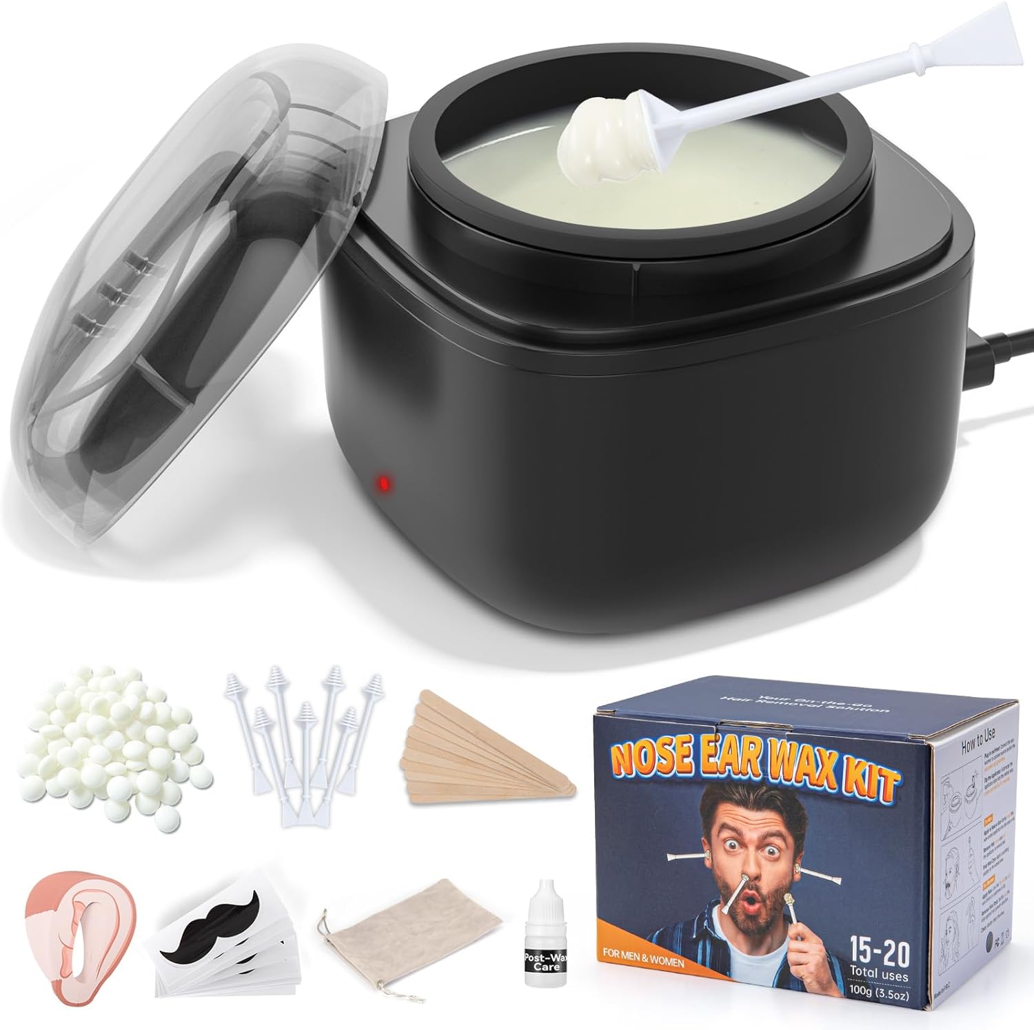 Auzeal Nose Wax Kit for men front view showing the premium black wax warmer and accessories.