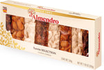 Close up view of the gluten free crunchy almond brittle and premium nut pieces inside the imported El Almendro turron selection box.