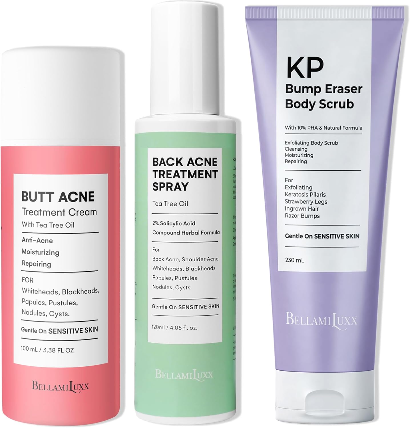 BellamiLuxx Body Acne and Texture Care Kit front view showcasing the full three piece set