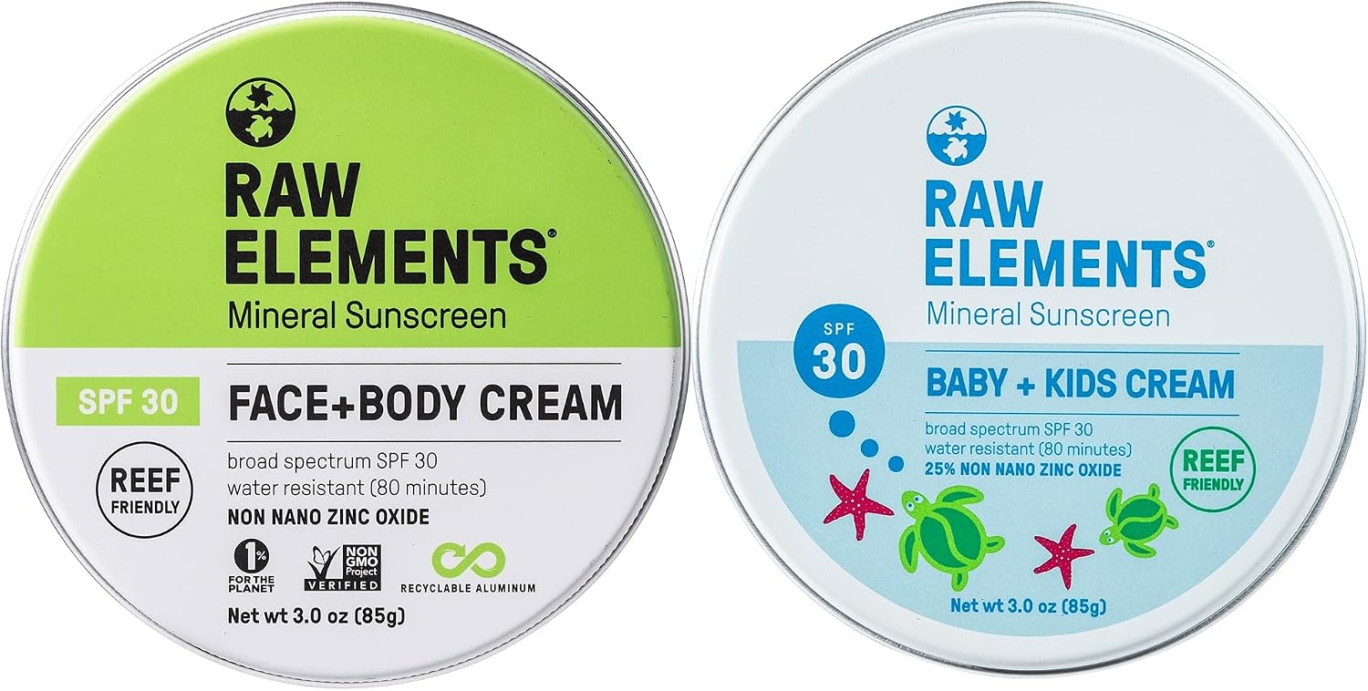 Raw Elements baby kids SPF 30 organic sunscreen tin front view