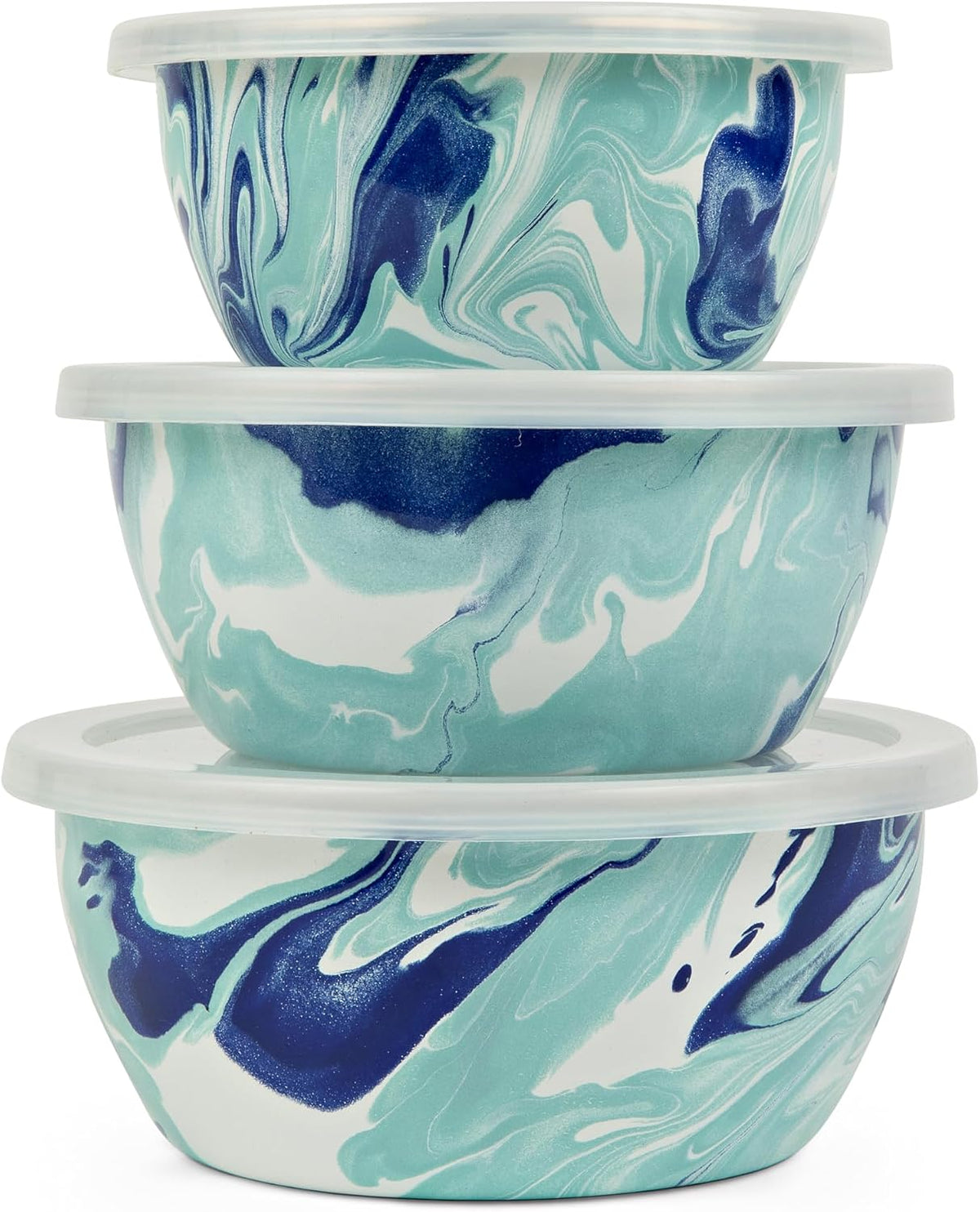 Golden Rabbit Enamelware Nesting Storage Bowls with Lids, Set of 3, Sea Glass | Mixing, Serving & Storage Bowls, Carbon Steel Core with Porcelain Enamel Finish, Stainless Steel Rim for Durability - Image 9