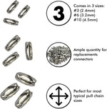 Close up of silver tone number 3 connector clasps for 2.4 millimeter chains.