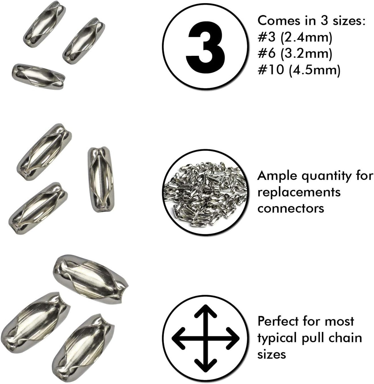 Close up of silver tone number 3 connector clasps for 2.4 millimeter chains.