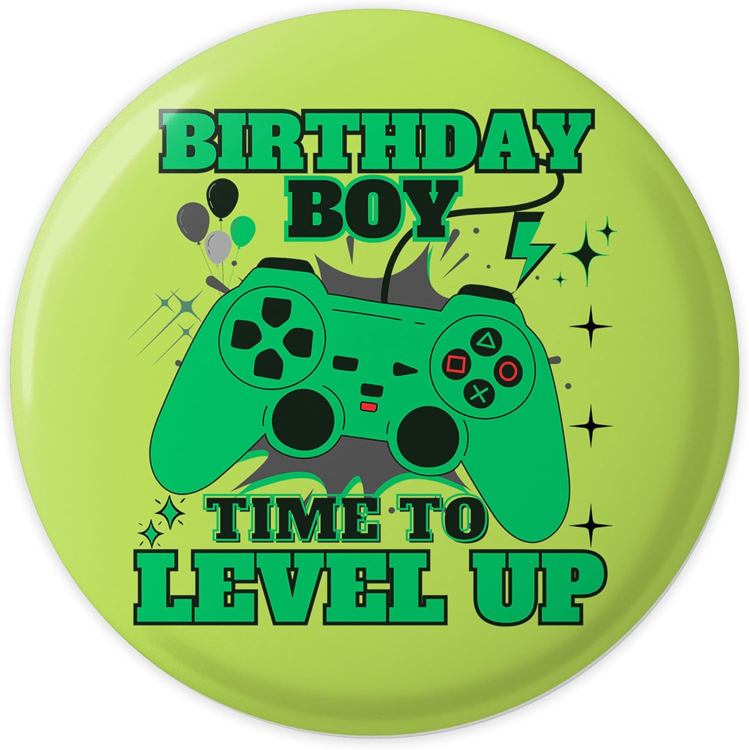 Generic birthday boy level up pin front view displaying the green controller design.